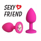 Розовая конусовидная анальная пробка с прозрачным кристаллом - 7,3 см. - 1137 - купить с доставкой во Владикавказе