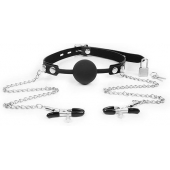 Черный кляп-шарик с зажимами на соски на металлической цепочке - Notabu - купить с доставкой во Владикавказе