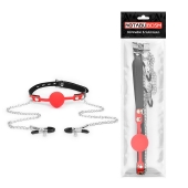 Красный кляп-шарик с зажимами на соски на металлической цепочке - Notabu - купить с доставкой во Владикавказе