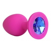 Ярко-розовая анальная пробка с синим кристаллом - 9,5 см. - 1137 - купить с доставкой во Владикавказе