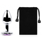 Серебристая анальная пробка с фиолетовым кристаллом-сердечком - 8 см. - Anal Jewelry Plug - купить с доставкой во Владикавказе