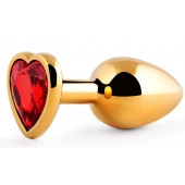 Золотистая анальная пробка с красным стразом-сердечком - 8 см. - Anal Jewelry Plug - купить с доставкой во Владикавказе