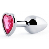 Серебристая анальная пробка с малиновым кристаллом-сердечком - 7 см. - Anal Jewelry Plug - купить с доставкой во Владикавказе