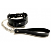 Черный ошейник с поводком из эко-кожи - БДСМ Арсенал - купить с доставкой во Владикавказе