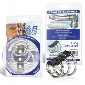 Хомут на пенис из трех металлических колец и кольца для привязи 3 RING GATES OF HELL - BlueLine - купить с доставкой во Владикавказе