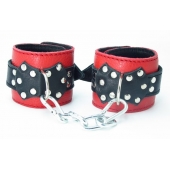 Красные наручники с чёрными проклёпанными ремешками с пряжкой - БДСМ Арсенал - купить с доставкой во Владикавказе