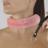 Розовый меховой ошейник с кожаным поводком - Sitabella - купить с доставкой во Владикавказе