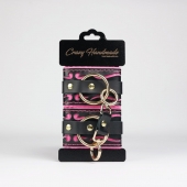 Черные кожаные наручники с розовой строчкой - Crazy Handmade - купить с доставкой во Владикавказе