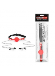 Красный кляп-шарик с зажимами на соски на металлической цепочке - Notabu - купить с доставкой во Владикавказе