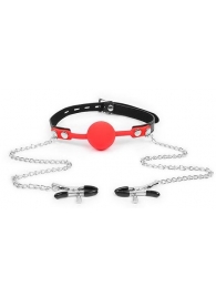 Красный кляп-шарик с зажимами на соски на металлической цепочке - Notabu - купить с доставкой во Владикавказе