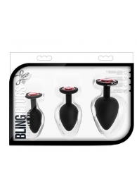 Набор черных анальных пробок с красным кристаллом-сердечком Bling Plugs Training Kit - Blush Novelties - купить с доставкой во Владикавказе