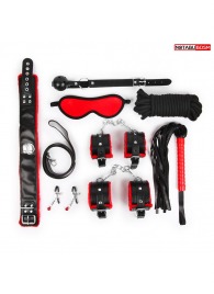 Стильный черно-красный набор БДСМ: маска, кляп, зажимы, плётка, ошейник, наручники, оковы, верёвка - Notabu - купить с доставкой во Владикавказе