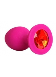 Ярко-розовая анальная пробка с красным кристаллом - 9,5 см. - 1137 - купить с доставкой во Владикавказе