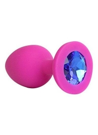 Ярко-розовая анальная пробка с синим кристаллом - 9,5 см. - 1137 - купить с доставкой во Владикавказе