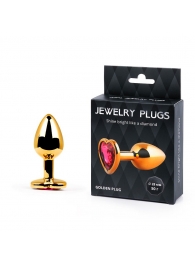 Золотистая анальная пробка с малиновым кристаллом-сердечком - 7 см. - Anal Jewelry Plug - купить с доставкой во Владикавказе