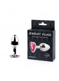 Серебристая анальная пробка с малиновым кристаллом-сердечком - 7 см. - Anal Jewelry Plug - купить с доставкой во Владикавказе