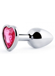 Серебристая анальная пробка с малиновым кристаллом-сердечком - 7 см. - Anal Jewelry Plug - купить с доставкой во Владикавказе