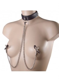 Черный ошейник с металлическими зажимами на соски и поводком - Sitabella - купить с доставкой во Владикавказе