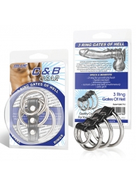 Хомут на пенис из трех металлических колец и кольца для привязи 3 RING GATES OF HELL - BlueLine - купить с доставкой во Владикавказе