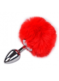 Серебристая анальная пробка с красным хвостиком Metal Anal Fluffy Size S - Adrien Lastic