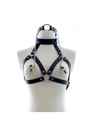 Черная портупея на грудь с кляпом и зажимами для сосков - Notabu - купить с доставкой во Владикавказе