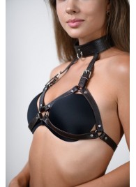 Коричневая сбруя для груди с ошейником - БДСМ Арсенал - купить с доставкой во Владикавказе