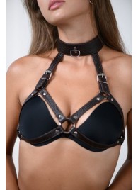 Коричневая сбруя для груди с ошейником - БДСМ Арсенал - купить с доставкой во Владикавказе