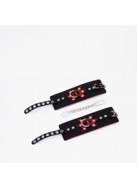 Черные кожаные наручники с красным декором и строчкой - Crazy Handmade - купить с доставкой во Владикавказе