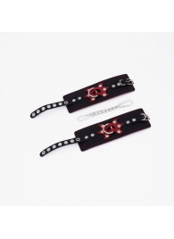 Черные кожаные наручники с красным декором и строчкой - Crazy Handmade - купить с доставкой во Владикавказе