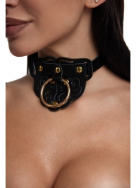 Черный фигурный кожаный ошейник с золотистой фурнитурой - Crazy Handmade - купить с доставкой во Владикавказе