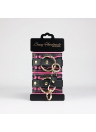 Черные кожаные наручники с розовой строчкой - Crazy Handmade - купить с доставкой во Владикавказе