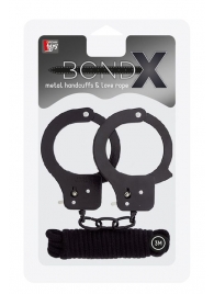 Чёрные наручники из листового металла в комплекте с веревкой BONDX METAL CUFFS LOVE ROPE SET - Dream Toys - купить с доставкой во Владикавказе