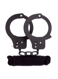 Чёрные наручники из листового металла в комплекте с веревкой BONDX METAL CUFFS LOVE ROPE SET - Dream Toys - купить с доставкой во Владикавказе