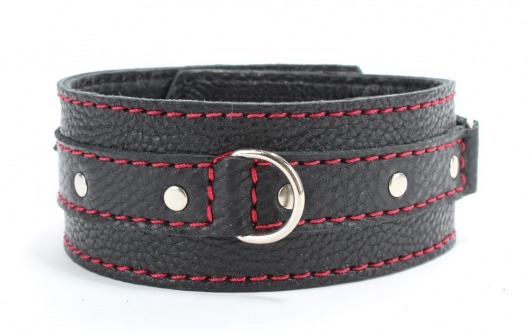 Черный ошейник из натуральной кожи с красной строчкой и кольцом - БДСМ Арсенал - купить с доставкой во Владикавказе
