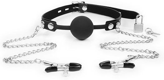 Черный кляп-шарик с зажимами на соски на металлической цепочке - Notabu - купить с доставкой во Владикавказе