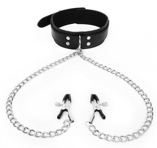 Черный ошейник с зажимами на соски на цепочке - Notabu - купить с доставкой во Владикавказе