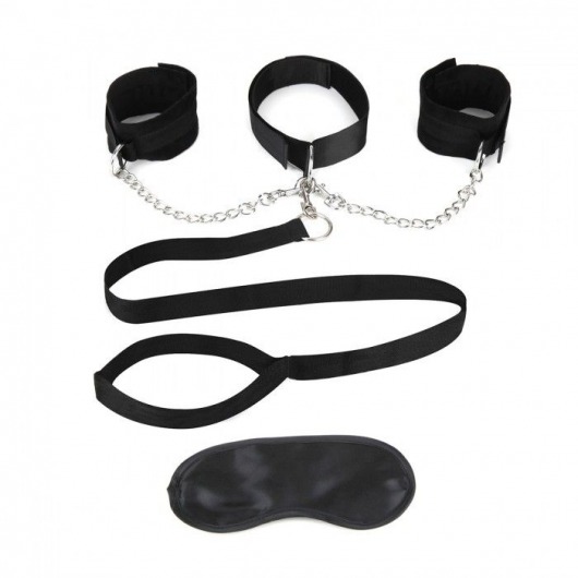 Чёрный ошейник с наручниками и поводком Collar Cuffs   Leash Set - Lux Fetish - купить с доставкой во Владикавказе