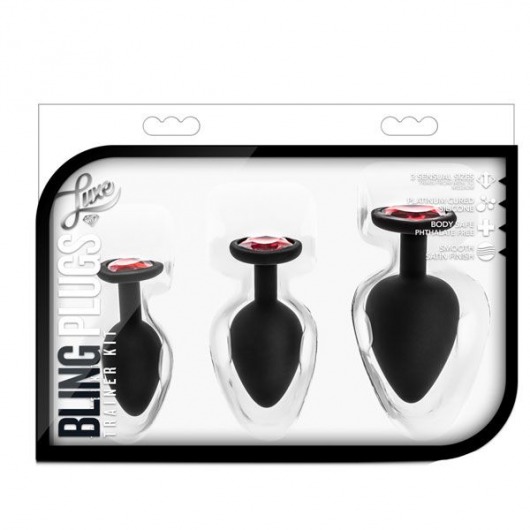 Набор черных анальных пробок с красным кристаллом-сердечком Bling Plugs Training Kit - Blush Novelties - купить с доставкой во Владикавказе