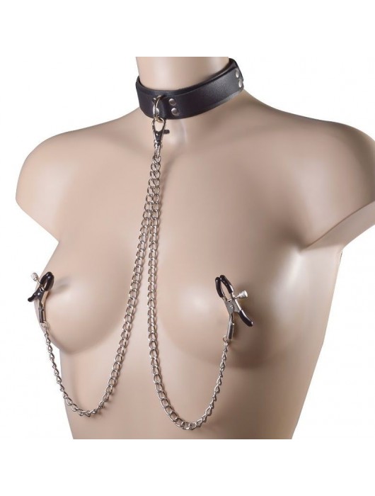Черный ошейник с металлическими зажимами на соски и поводком - Sitabella - купить с доставкой во Владикавказе