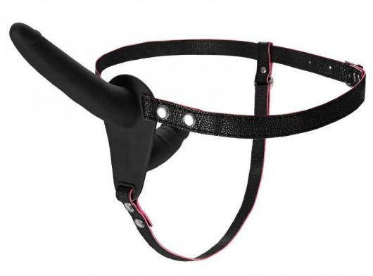 Черный страпон на ремнях с вагинальной пробкой - 15 см. - ToyFa - купить с доставкой во Владикавказе