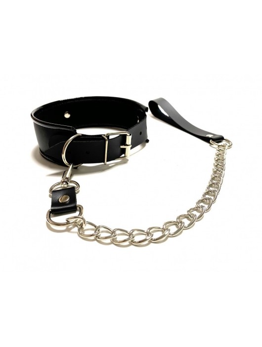 Черный ошейник с поводком из эко-кожи - БДСМ Арсенал - купить с доставкой во Владикавказе