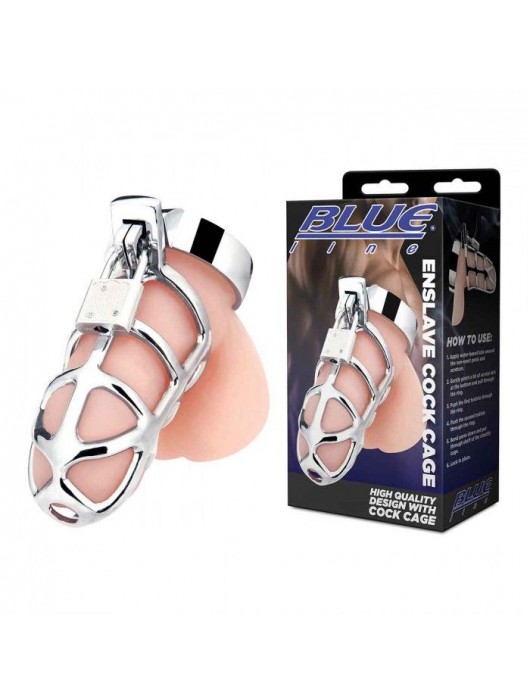 Серебристая металлическая клетка для члена с замком Enslave Cock Cage - BlueLine - купить с доставкой во Владикавказе