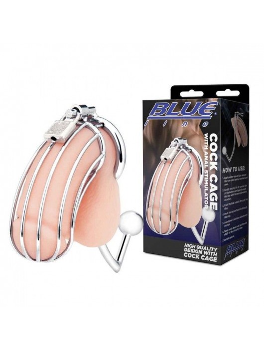 Серебристая металлическая клетка с анальным стимулятором Cock Cage - BlueLine - купить с доставкой во Владикавказе