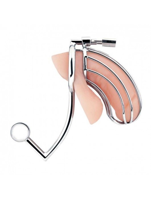 Серебристая металлическая клетка с анальным стимулятором Cock Cage - BlueLine - купить с доставкой во Владикавказе