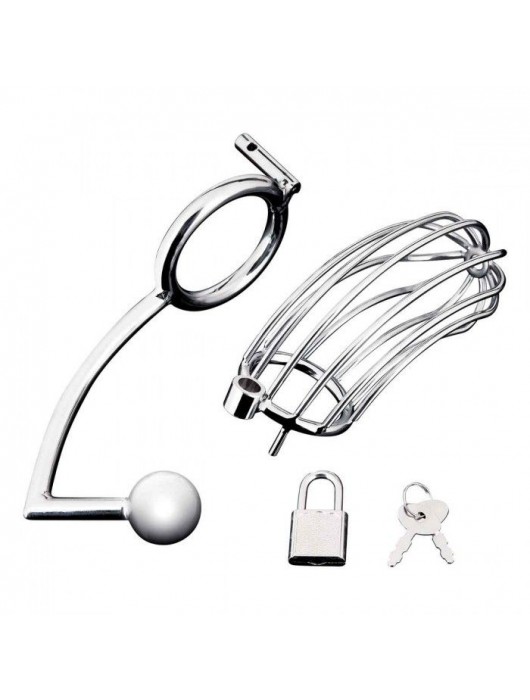 Серебристая металлическая клетка с анальным стимулятором Cock Cage - BlueLine - купить с доставкой во Владикавказе