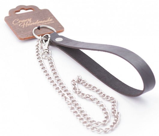 Серебристый металлический поводок с кожаной черной ручкой - 80 см. - Crazy Handmade - купить с доставкой во Владикавказе