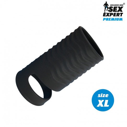 Черная открытая насадка на пенис с кольцом для мошонки XL-size - 8,9 см. - Sex Expert - во Владикавказе купить с доставкой