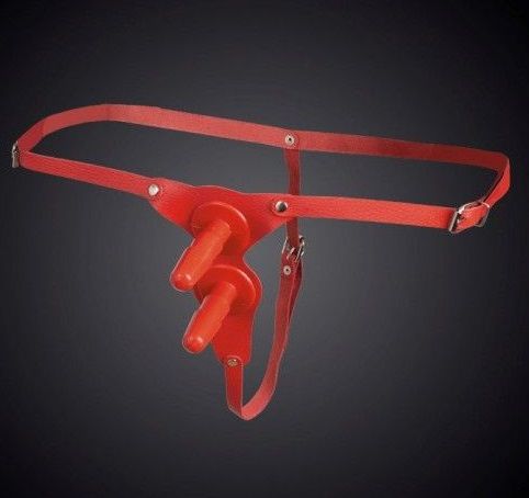 Красные кожаные универсальные трусики с двумя  штырьками для насадок - Sitabella - купить с доставкой во Владикавказе