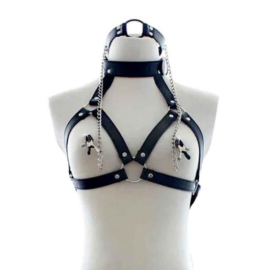 Черная портупея на грудь с кляпом и зажимами для сосков - Notabu - купить с доставкой во Владикавказе