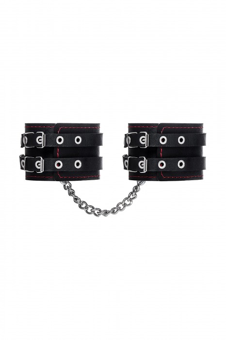 Черные кожаные оковы с двумя ремнями и контрастной строчкой - Pecado - купить с доставкой во Владикавказе
